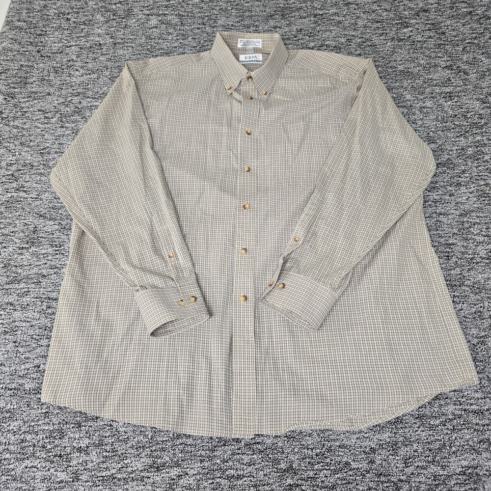 RBM Plaid Button Down Sport Shirt Mens 18 34/35 Beige Tan Plaid Wrinkle Free EUC